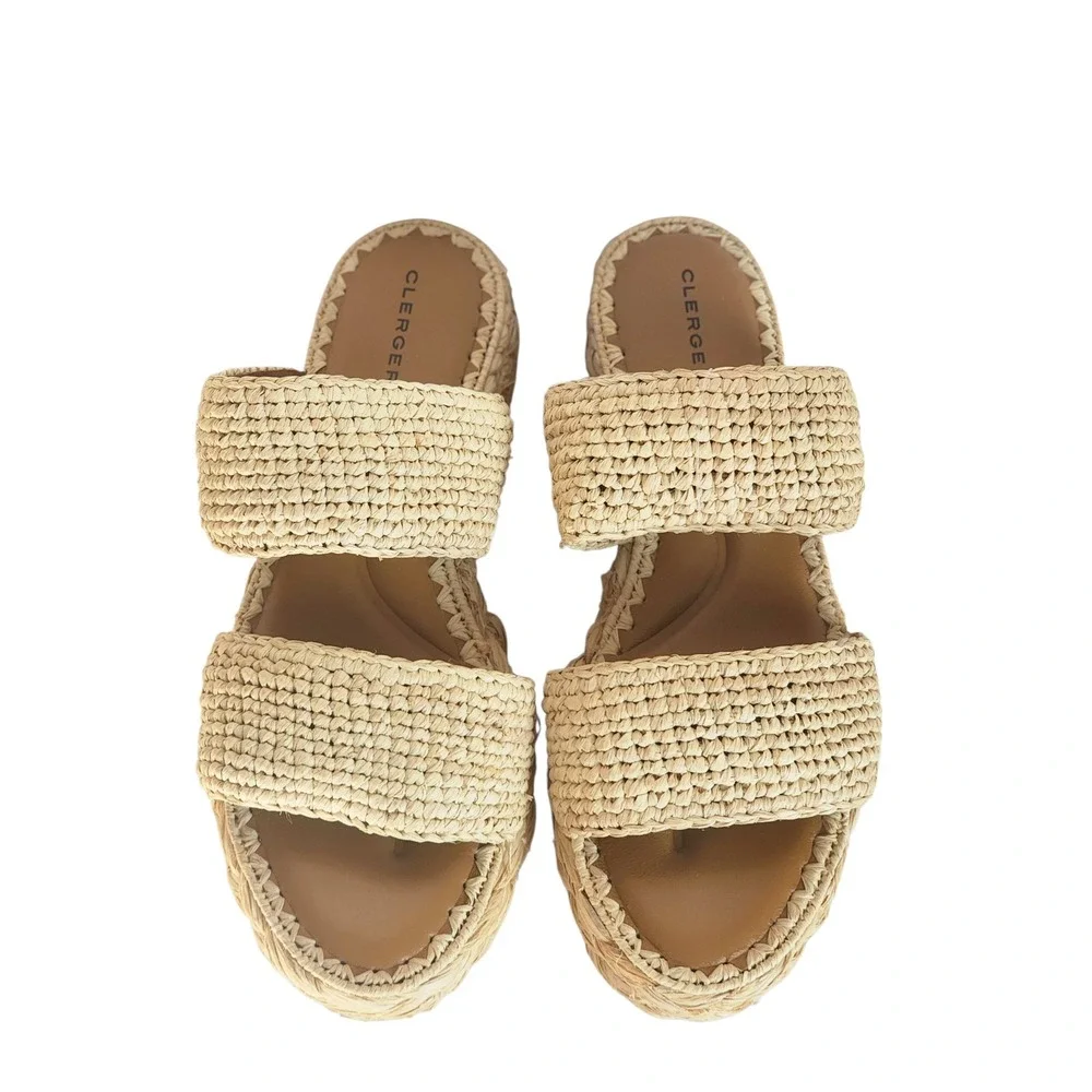 Robert Clergerie Arlene Raffia Platform Wedge Sandals Natural Woven Straw 39.5